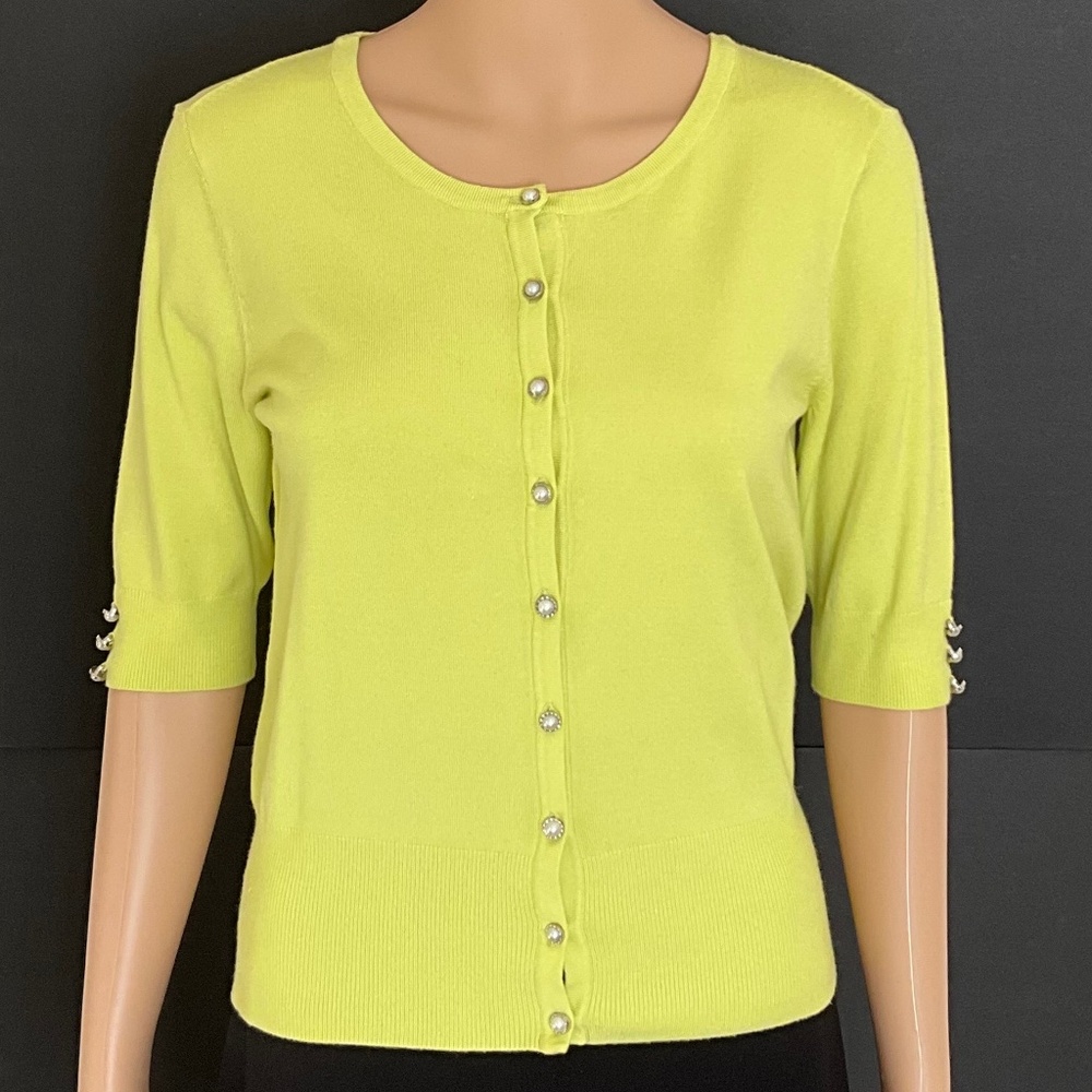 Green Cardigan Pearl Buttons Crew Neck Audrey & Grace Size P